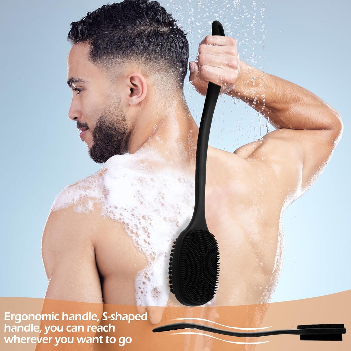 Silicone Back Scrubber for Shower, Bath Body Brush with Long Handle, Double Sided Shower Brush for Shower Exfoliating and Massage Can Produce Rich Foam, Long Handle Back Scrubber for Men