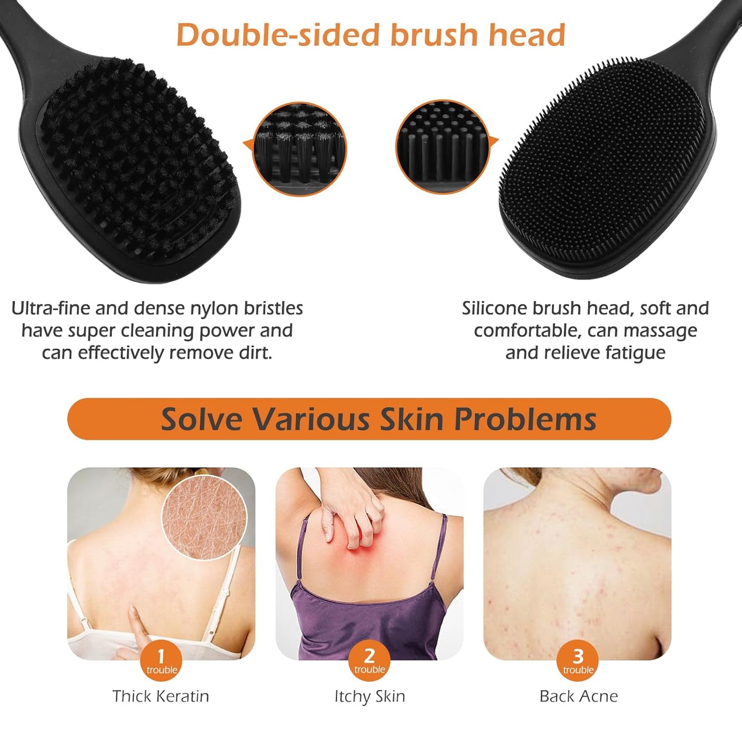 Silicone Back Scrubber for Shower, Bath Body Brush with Long Handle, Double Sided Shower Brush for Shower Exfoliating and Massage Can Produce Rich Foam, Long Handle Back Scrubber for Men