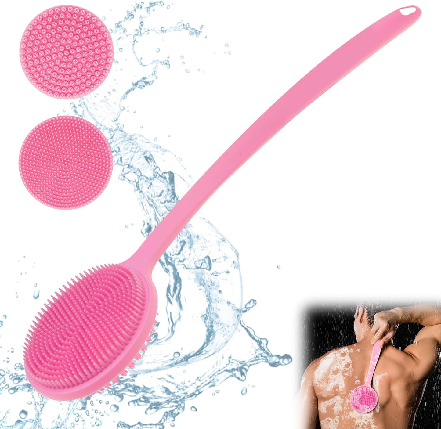 Silicone Back Scrubber for Shower, 17in Lengthen Long Handle Body Brush, Double Sided Shower Brush for Shower Exfoliating and Massage Can Produce Rich Foam, Long Handle Back Scrubber for Men