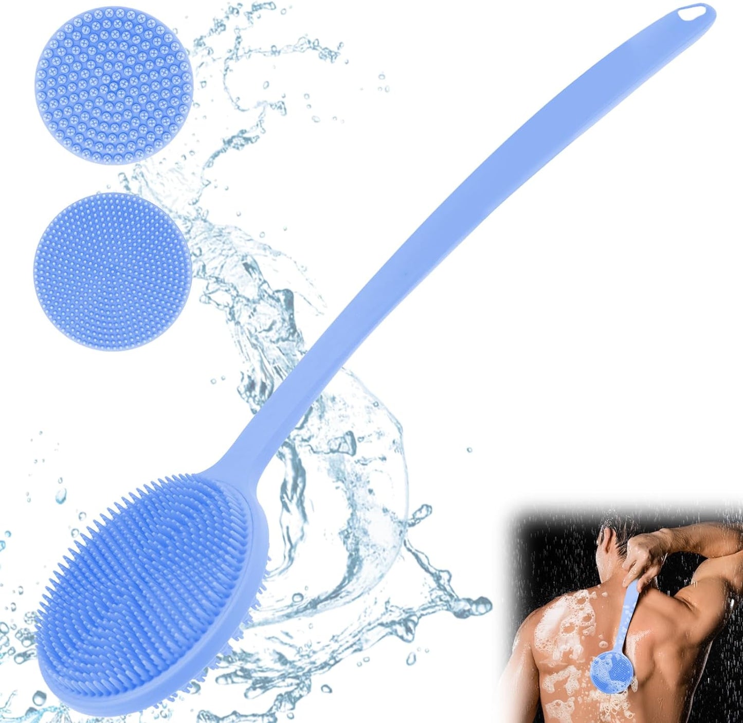 Silicone Back Scrubber for Shower, 17in Lengthen Long Handle Body Brush, Double Sided Shower Brush for Shower Exfoliating and Massage Can Produce Rich Foam, Long Handle Back Scrubber for Men