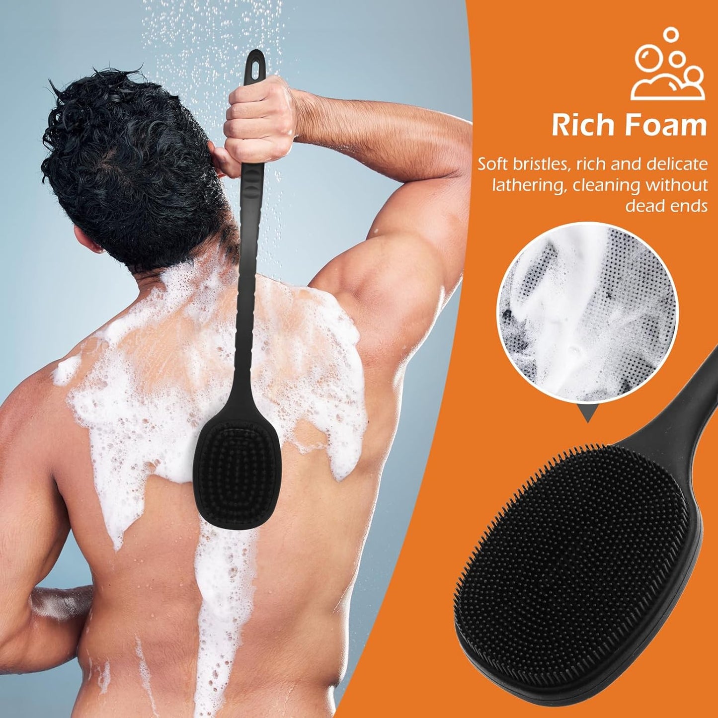 Silicone Back Scrubber for Shower, Bath Body Brush with Long Handle, Double Sided Shower Brush for Shower Exfoliating and Massage Can Produce Rich Foam, Long Handle Back Scrubber for Men