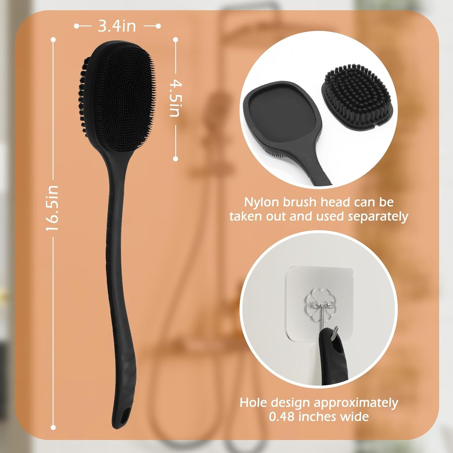 Silicone Back Scrubber for Shower, Bath Body Brush with Long Handle, Double Sided Shower Brush for Shower Exfoliating and Massage Can Produce Rich Foam, Long Handle Back Scrubber for Men