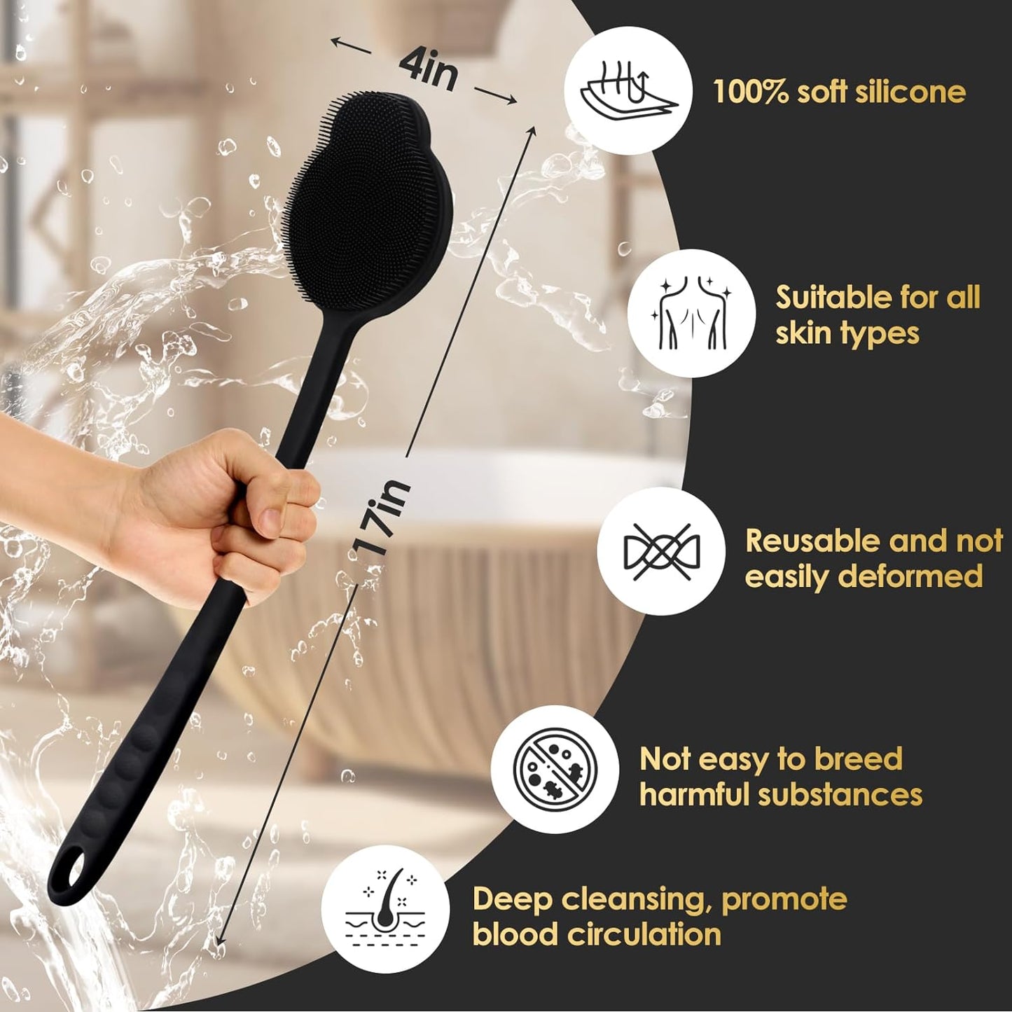 Silicone Back Scrubber for Shower, Upgrade Long Handle Silicone Body Scrubber, Back Scrubber Exfoliating and Massage Can Produce More Foam, Long Handle Back Scrubber for Men Women